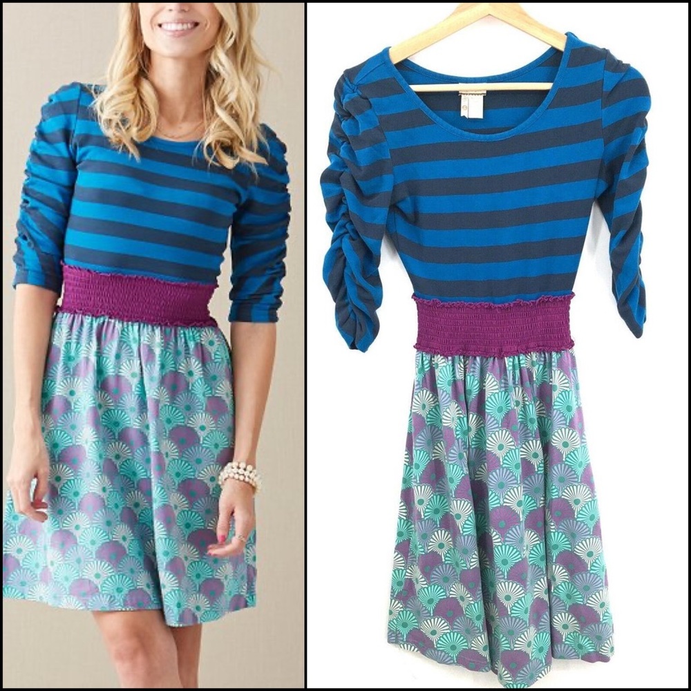 Matilda Jane Blue & Teal Striped Mini Dress with Purple Waist
